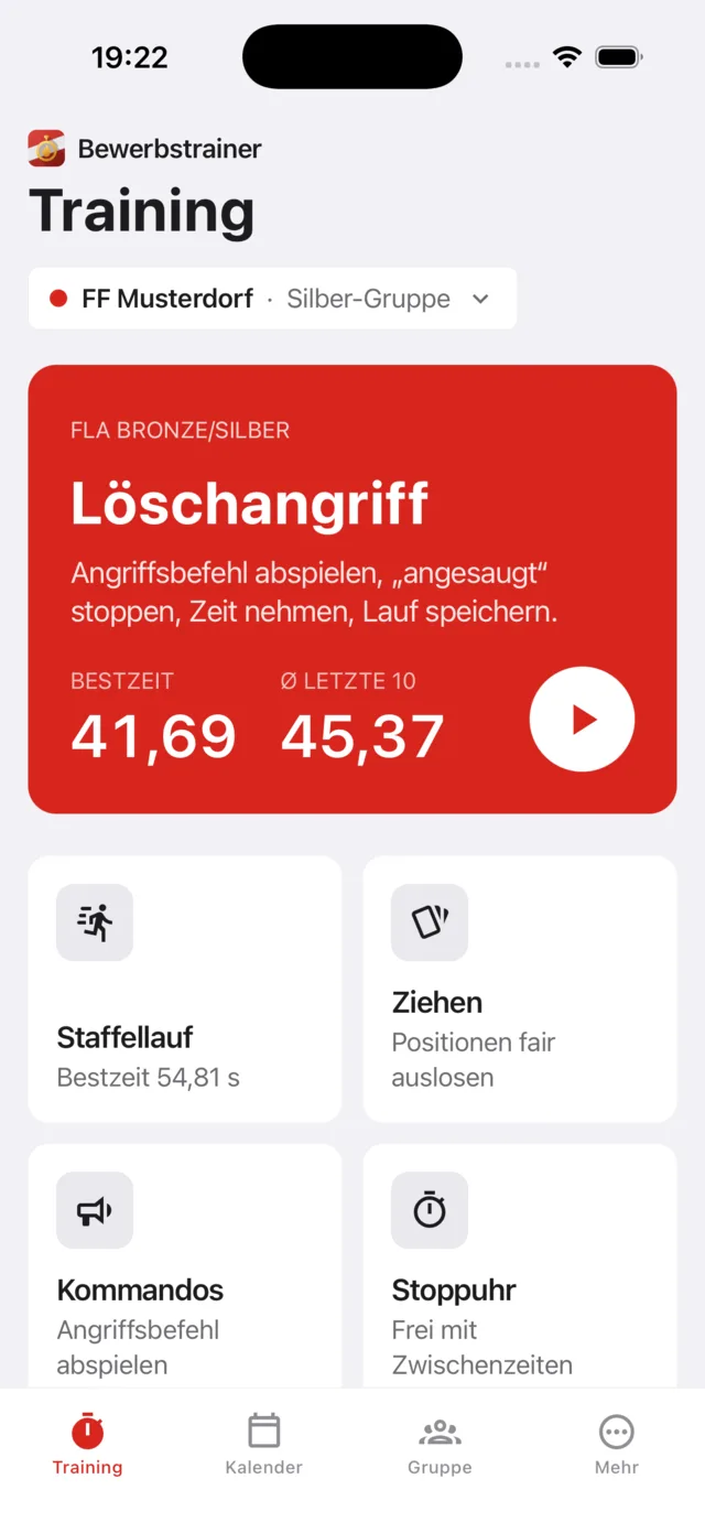 Bewerbstrainer-Startseite: Löschangriff FLA Bronze/Silber mit Bestzeit 41,69 und Schnitt der letzten 10 Läufe