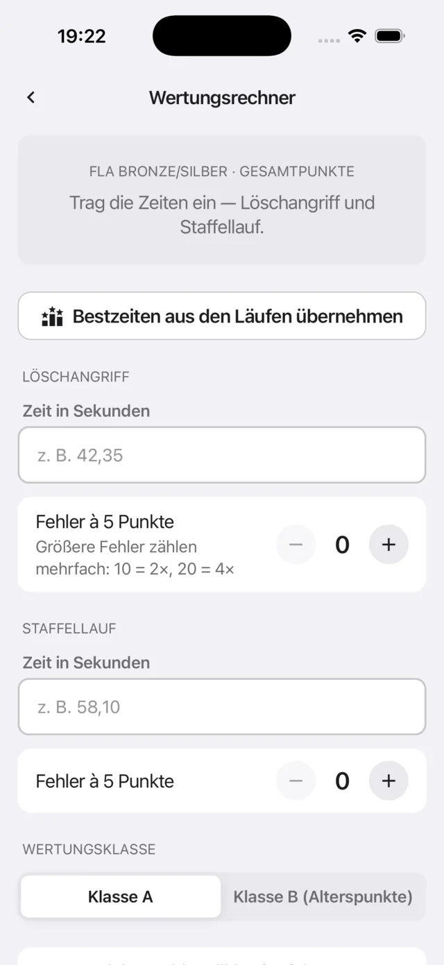 Wertungsrechner in Bewerbstrainer: Zeiten für Löschangriff und Staffellauf, Fehler und Wertungsklasse A oder B