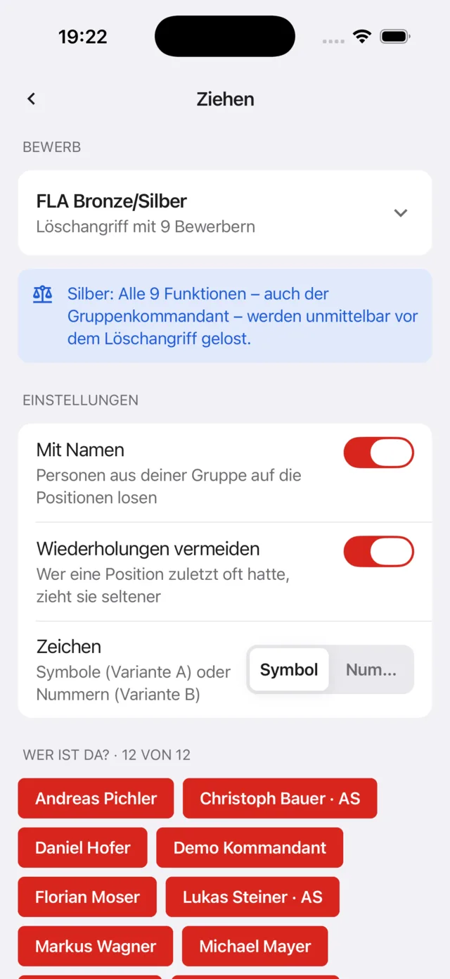 Positionen ziehen in Bewerbstrainer: Hinweis, dass bei Silber alle 9 Funktionen inklusive Gruppenkommandant gelost werden, mit Namen der Gruppe