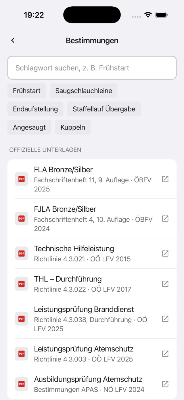 Bestimmungen in Bewerbstrainer: Schlagwortsuche mit Frühstart, Saugschlauchleine, Endaufstellung und Liste der offiziellen Unterlagen